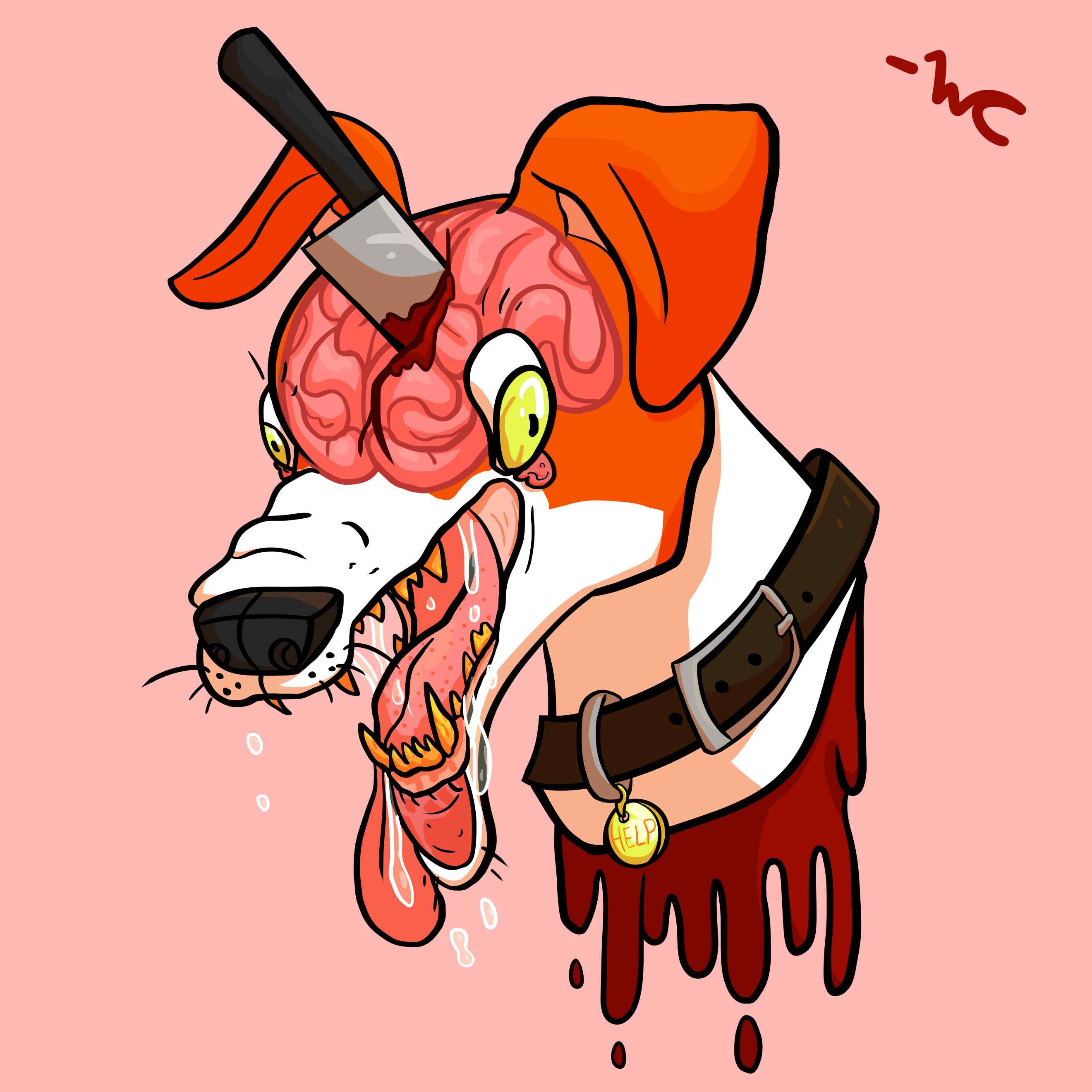 A horrific cartoon head of a smooth fox terrier. There is a knife through his brain, which is visible. There is blood leaking from his neck and his eyes are bulging. His mouth is fool of drool and his lips are sagging.